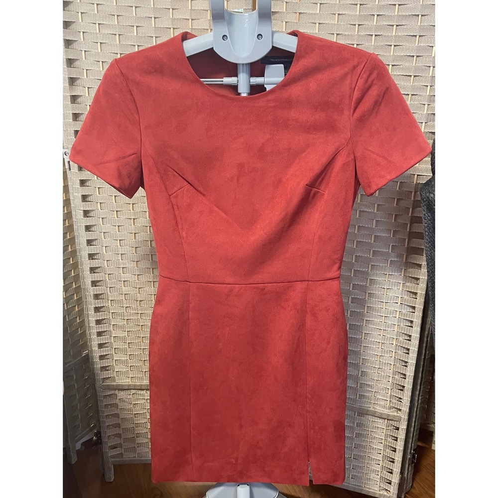 French Connection Rust‎ Faux Suede Sheath Dress Exposed Back Zip Pockets Size 6